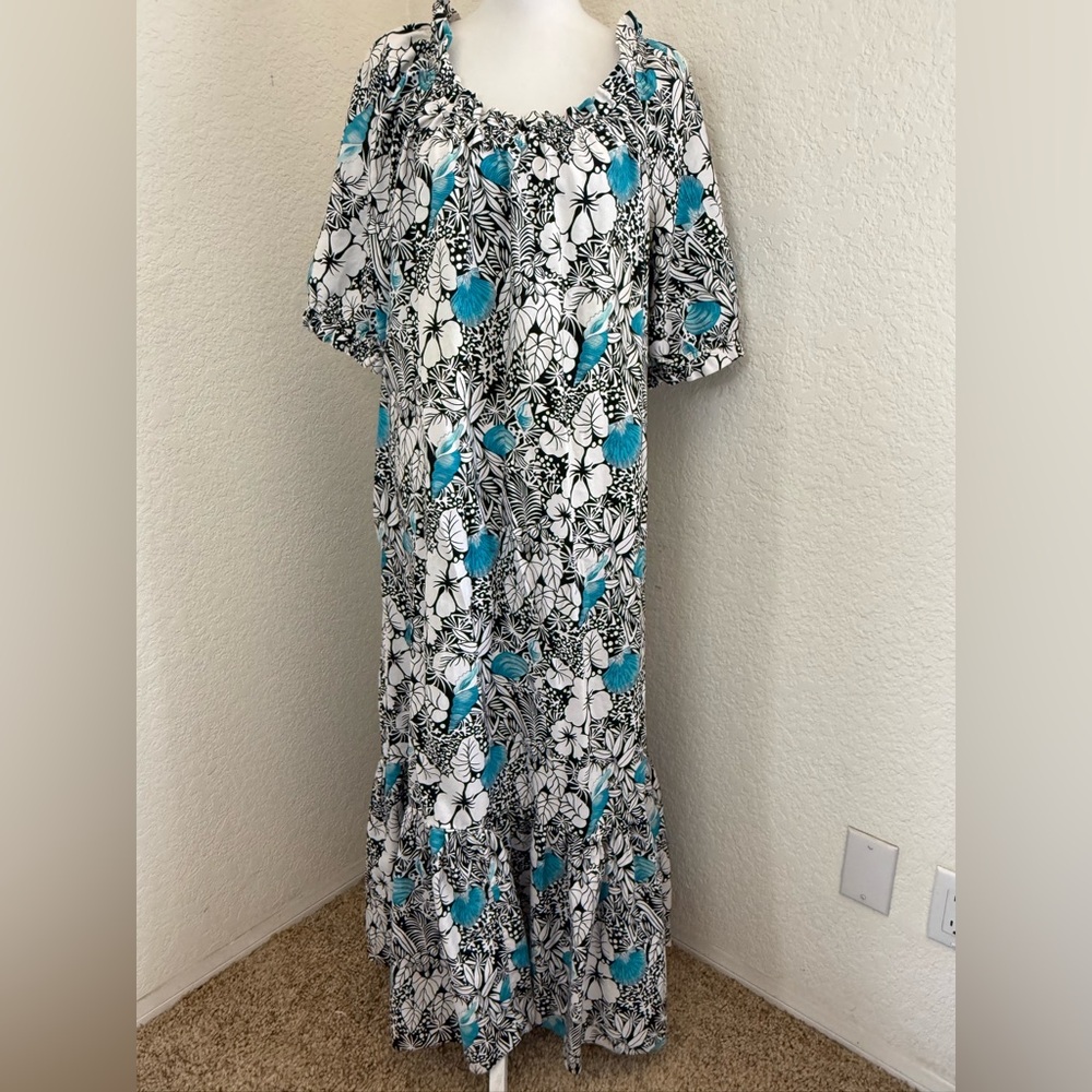 Womens Hilo Hattie XL Long Muumuu Ruffle Neck Blue Tropical‎ Print Dre…